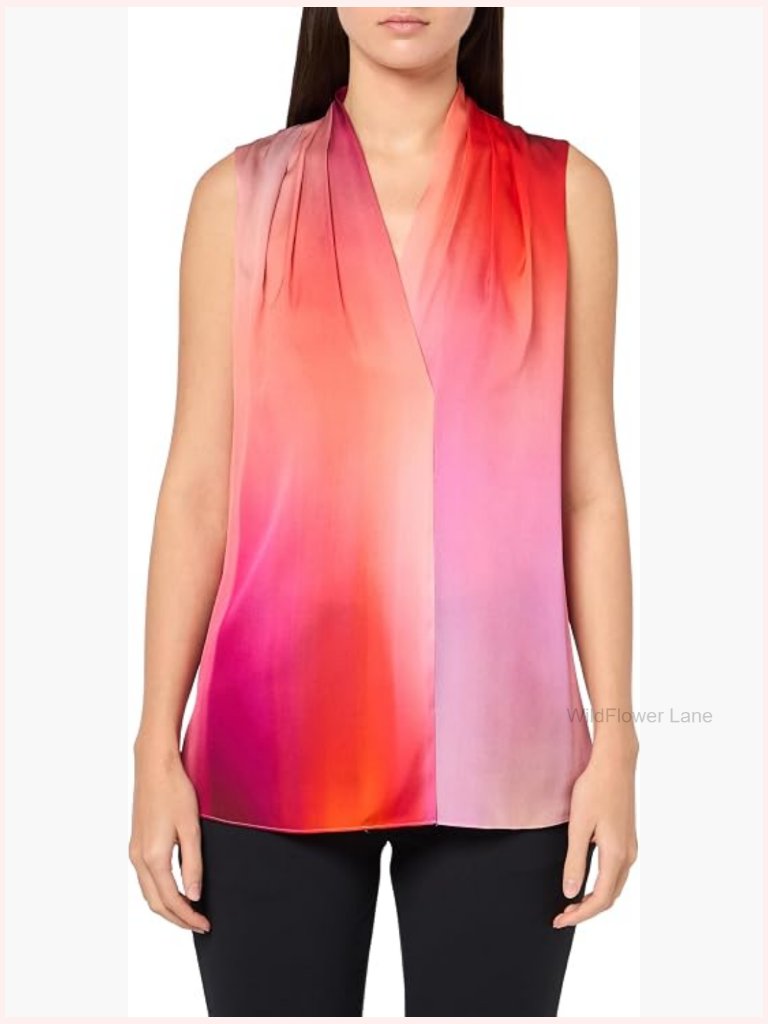 Sleeveless V-Neck Printed Collared Blouse Silk Blend